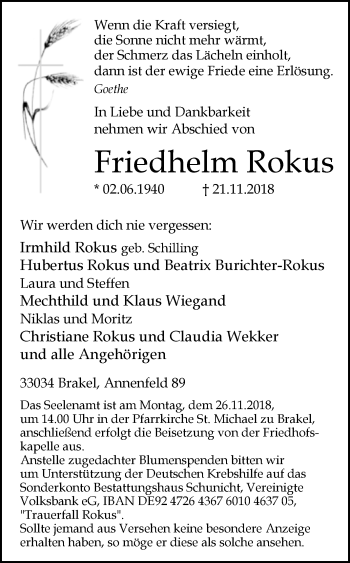 Traueranzeige von Friedhelm Rokus von Westfalen-Blatt