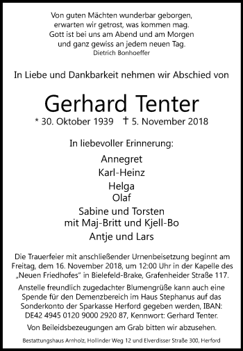 Traueranzeige von Gerhard Tenter von Westfalen-Blatt