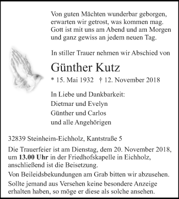 Traueranzeige von Günther Kutz von Westfalen-Blatt