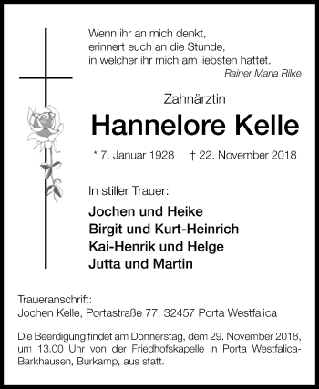 Traueranzeige von Hannelore Kelle von Westfalen-Blatt