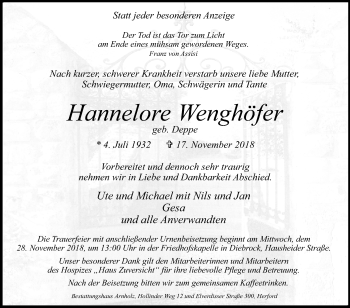 Traueranzeige von Hannelore Wenghöfer von Westfalen-Blatt