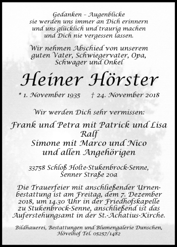 Traueranzeige von Heiner Hörster von Westfalen-Blatt