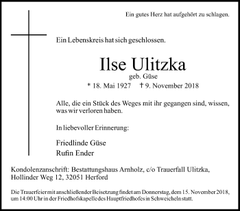 Traueranzeige von Ilse Ulitzka von Westfalen-Blatt