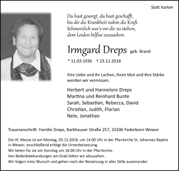 Traueranzeige von Irmgard Dreps von Westfalen-Blatt