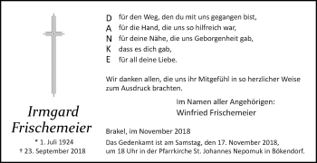 Traueranzeige von Irmgard Frischemeier von Westfalen-Blatt