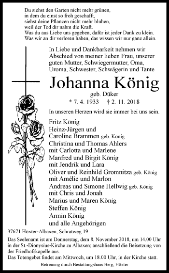 Traueranzeige von Johanna König von Westfalen-Blatt