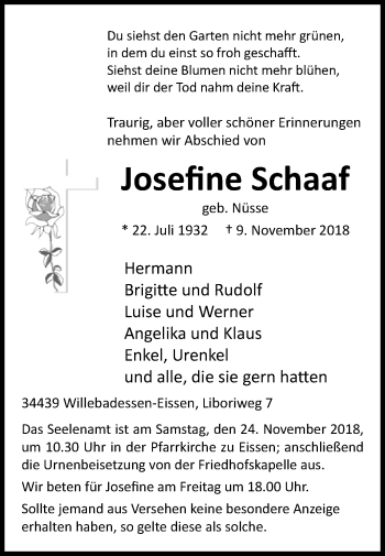 Traueranzeige von Josefine Schaaf von Westfalen-Blatt