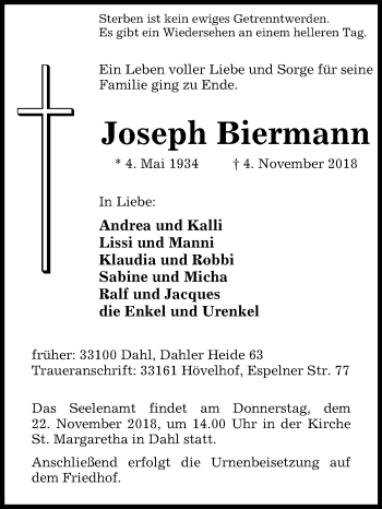 Traueranzeige von Joseph Biermann von Westfalen-Blatt