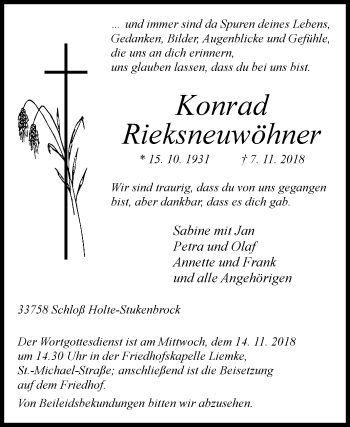 Traueranzeige von Konrad Rieksneuwöhner von Westfalen-Blatt