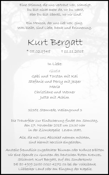 Traueranzeige von Kurt Bergatt von Westfalen-Blatt