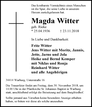 Traueranzeige von Magda Witter von Westfalen-Blatt