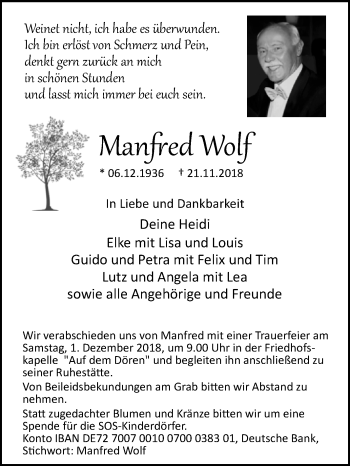 Traueranzeige von Manfred Wolf von Westfalen-Blatt