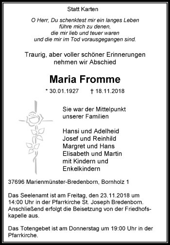 Traueranzeige von Maria Fromme von Westfalen-Blatt