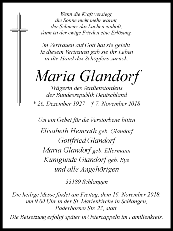 Traueranzeige von Maria Glandorf von Westfalen-Blatt