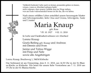 Traueranzeige von Maria Knaup von Westfalen-Blatt