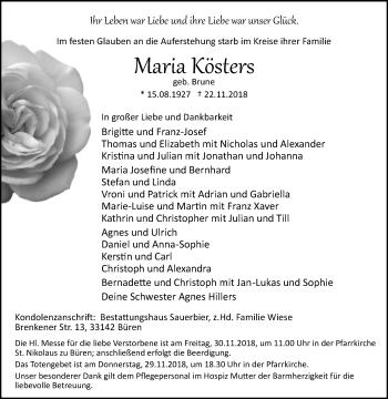 Traueranzeige von Maria Kösters von Westfalen-Blatt