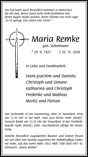 Traueranzeige von Maria Remke von Westfalen-Blatt