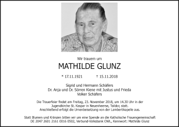 Traueranzeige von Mathilde Glunz von Westfalen-Blatt