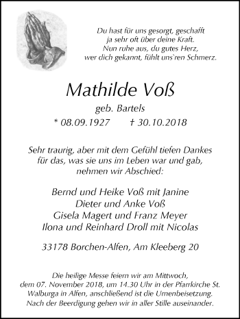 Traueranzeige von Mathilde Voß von Westfalen-Blatt