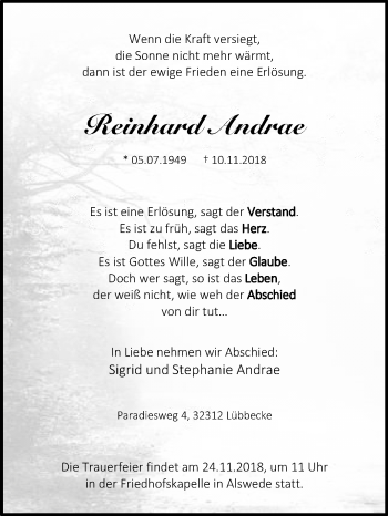 Traueranzeige von Reinhard Andrae von Westfalen-Blatt