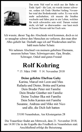 Traueranzeige von Rolf Kohring von Westfalen-Blatt