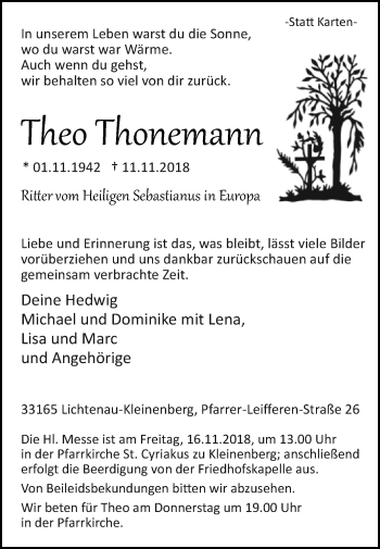 Traueranzeige von Theo Thonemann von Westfalen-Blatt