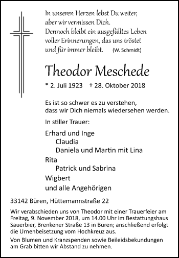 Traueranzeige von Theodor Meschede von Westfalen-Blatt