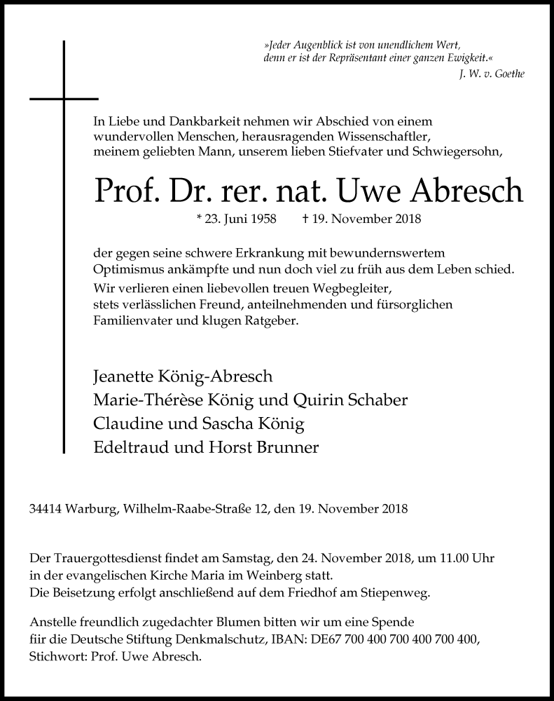  Traueranzeige für Uwe Abresch vom 21.11.2018 aus Westfalen-Blatt