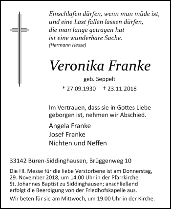 Traueranzeige von Veronika Franke von Westfalen-Blatt