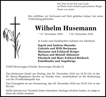 Traueranzeige von Wilhelm Husemann von Westfalen-Blatt