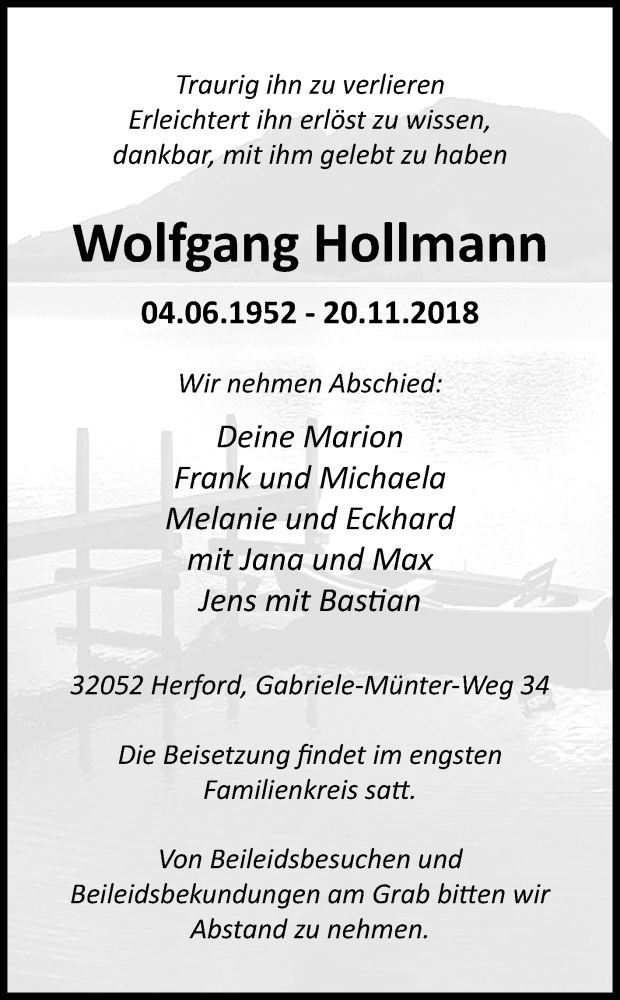  Traueranzeige für Wolfgang Hollmann vom 27.11.2018 aus Westfalen-Blatt