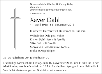 Traueranzeige von Xaver Dahl von Westfalen-Blatt