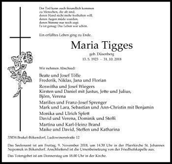 Traueranzeige von Maria Tigges von Westfalen-Blatt