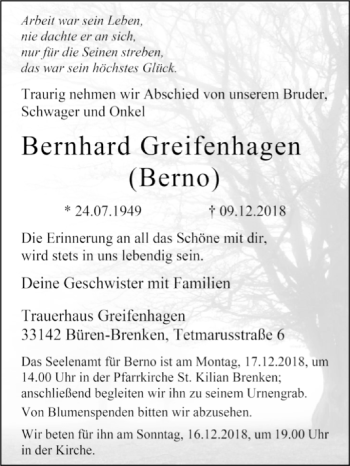 Traueranzeige von Bernhard Greifenhagen von Westfalen-Blatt