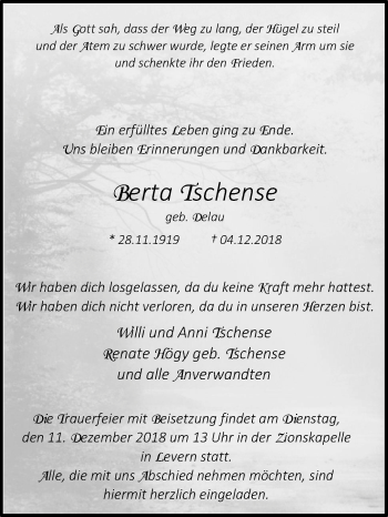 Traueranzeige von Berta Tschense von Westfalen-Blatt