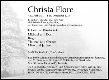 Traueranzeige von Christa Flore von Westfalen-Blatt