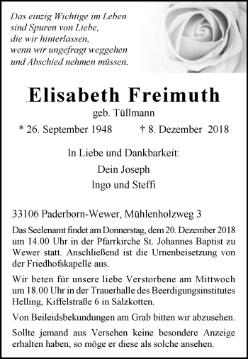 Traueranzeige von Elisabeth Freimuth von Westfalen-Blatt