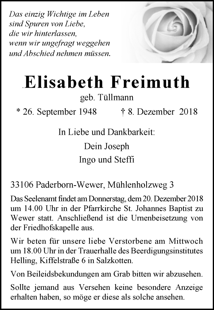  Traueranzeige für Elisabeth Freimuth vom 15.12.2018 aus Westfalen-Blatt