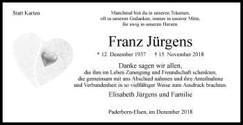 Traueranzeige von Franz Jürgens von Westfalen-Blatt