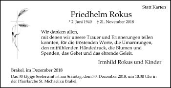 Traueranzeige von Friedhelm Rokus von Westfalen-Blatt