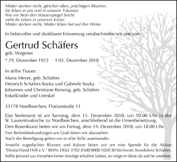 Traueranzeige von Gertrud Schäfers von Westfalen-Blatt