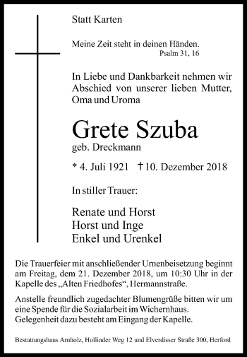 Traueranzeige von Grete Szuba von Westfalen-Blatt