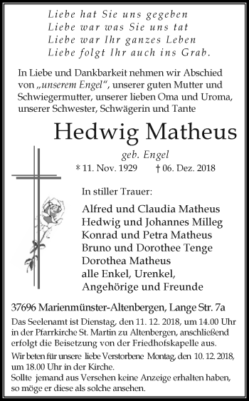 Traueranzeige von Hedwig Matheus von Westfalen-Blatt