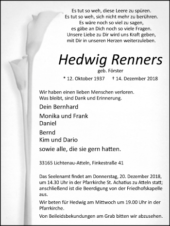 Traueranzeige von Hedwig Renners von Westfalen-Blatt