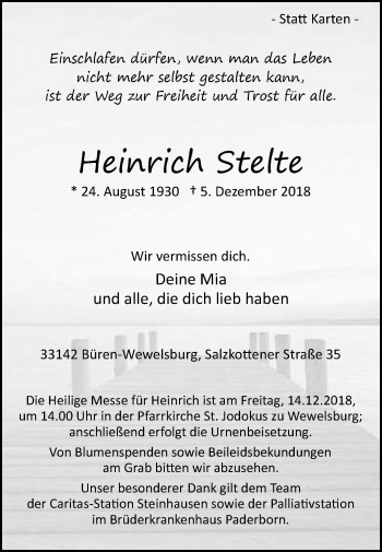 Traueranzeige von Heinrich Stelte von Westfalen-Blatt