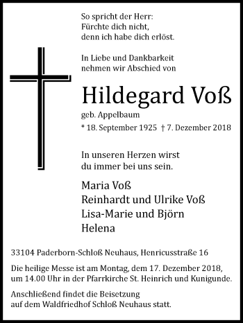 Traueranzeige von Hildegard Voß von Westfalen-Blatt