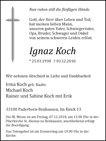 Traueranzeige von Ignaz Koch von Westfalen-Blatt