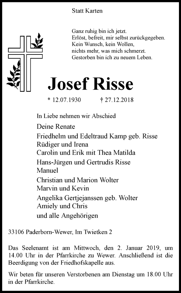  Traueranzeige für Josef Risse vom 29.12.2018 aus Westfalen-Blatt