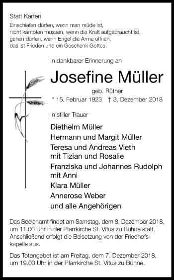 Traueranzeige von Josefine Müller von Westfalen-Blatt