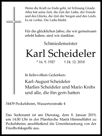 Traueranzeige von Karl Scheideler von Westfalen-Blatt